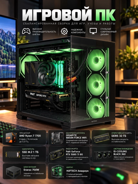 O‘yin kompyuteri Ryzen 7 7700, RTX 5060 Ti 8GB, DDR5 32GB, SSD 1TB - 