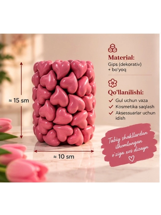 Pushti yurakchali dekorativ vaza 15×10 sm, qo‘lda ishlangan gips