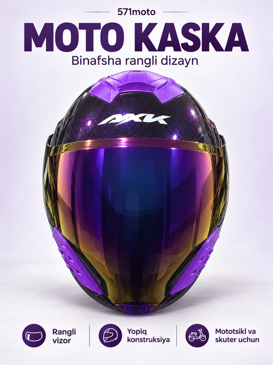 AXK 905 motoshlem — mototsikl va skuter uchun, qora-binafsha rangli vizorli kaska - 