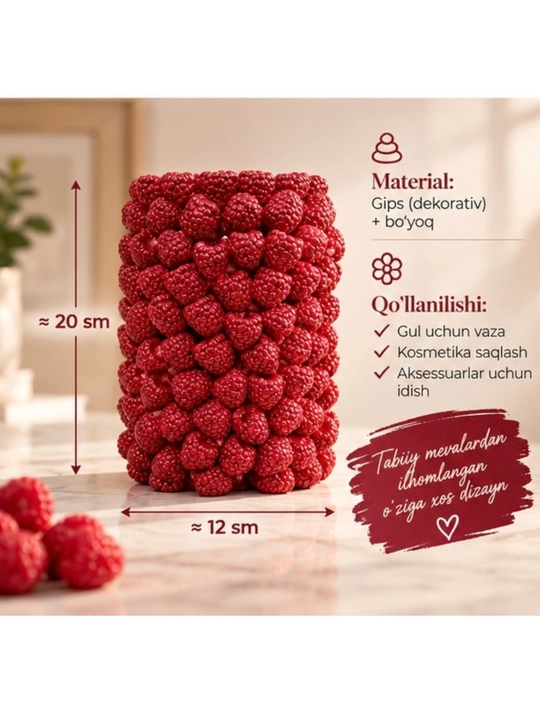 Malinali dekorativ vaza 20×12 sm, qo‘lda ishlangan gips dekor