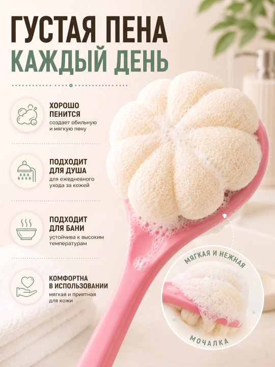 Мочалка для тела с ручкой 2 в 1, двусторонняя щетка для душа и мытья спины, губка