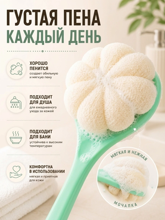 Мочалка для тела с ручкой 2 в 1, двусторонняя щетка для душа и мытья спины, губка