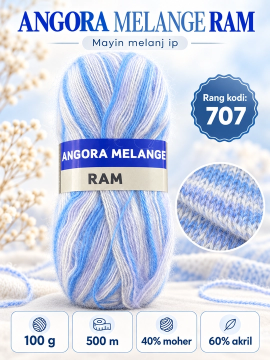 To‘qish ipi Angora Melange RAM, moherli melanj, 100 g, 500 m - 
