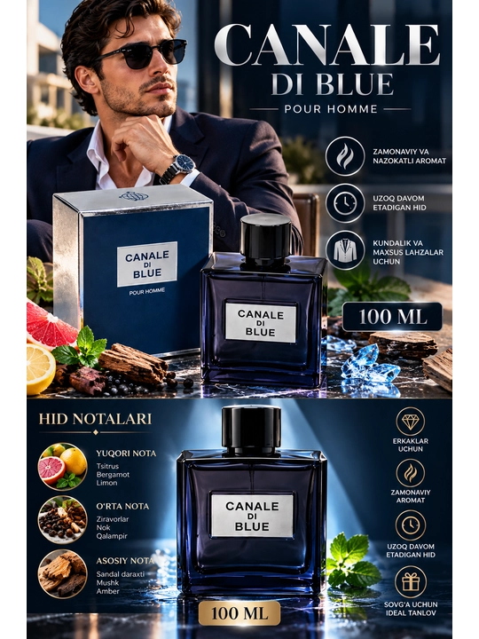 Parfyumlangan suv erkaklar uchun Canale Di Blue Fragrance World, 100 ml