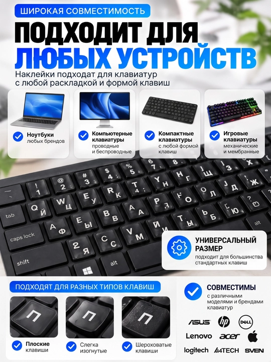 Наклейки на клавиатуру с русскими буквами, прозрачные стикеры для клавиш ноутбука и ПК