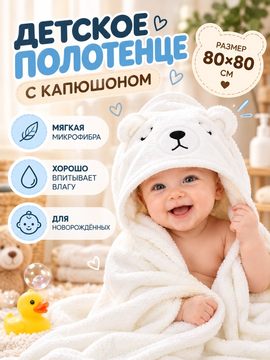 Yuz va tana uchun bolalar uchun kapshonli sochiq, 80x80 sm mikrofiber, hammom sochiq - 