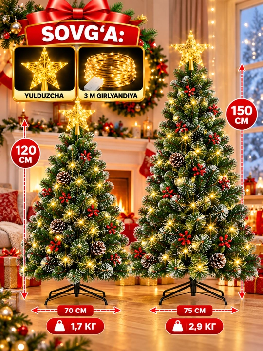 Yangi yil archasi, sun'iy archa, o‘lchami 60 sm, 90 sm 120 sm, 150 sm, 180 sm, 210 sm