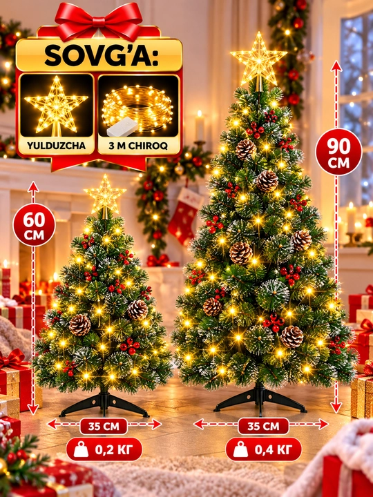 Yangi yil archasi, sun'iy archa, o‘lchami 60 sm, 90 sm 120 sm, 150 sm, 180 sm, 210 sm