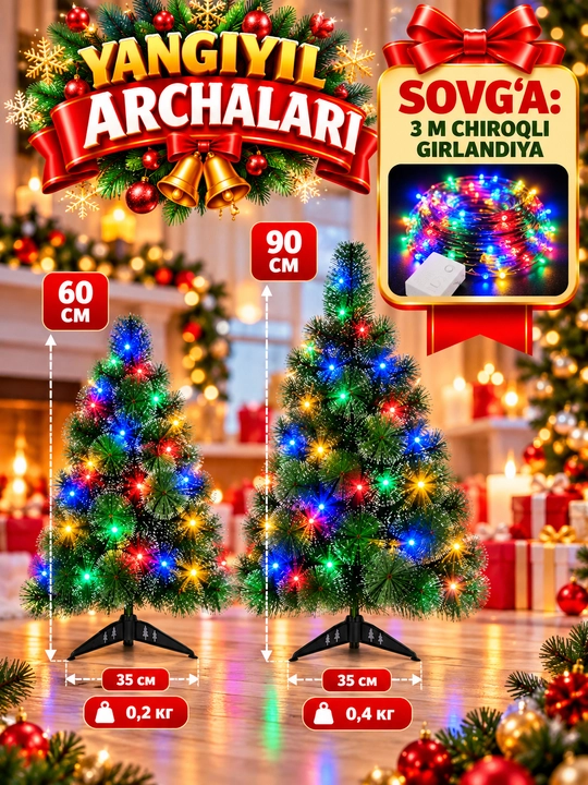Yangi yil archasi, sun'iy archa, o‘lchami 60 sm, 90 sm 120 sm, 150 sm, 180 sm, 210 sm