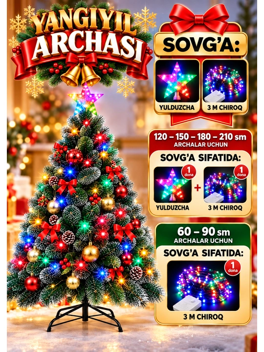 Yangi yil archasi, sun'iy archa, o‘lchami 60 sm, 90 sm 120 sm, 150 sm, 180 sm, 210 sm