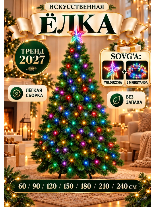 Новогодняя ёлка, Елка искусственная, размер  60 см, 90 см,120 см, 150 см, 180 см, 210 см - 