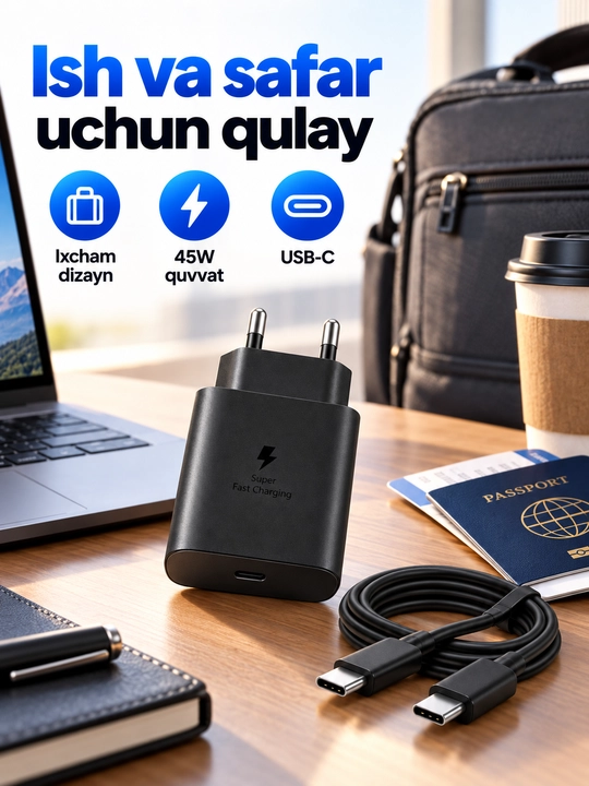 Зарядное устройство 45 Вт USB-C PD, быстрая зарядка для Samsung, чёрное