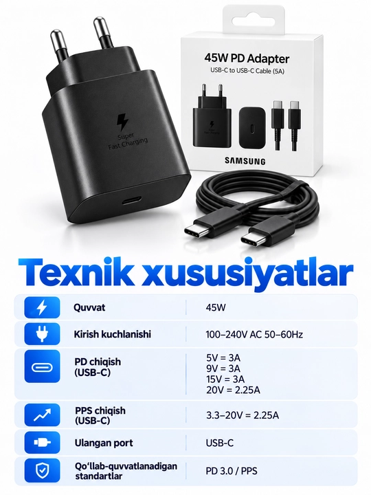 Зарядное устройство 45 Вт USB-C PD, быстрая зарядка для Samsung, чёрное