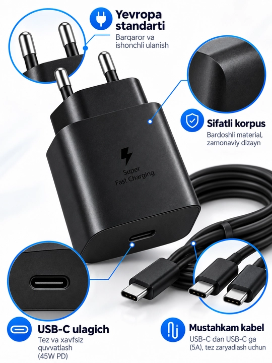 Зарядное устройство 45 Вт USB-C PD, быстрая зарядка для Samsung, чёрное