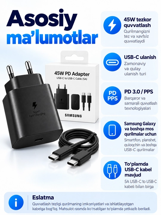 Зарядное устройство 45 Вт USB-C PD, быстрая зарядка для Samsung, чёрное
