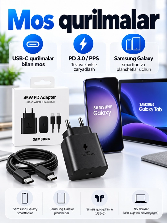 Зарядное устройство 45 Вт USB-C PD, быстрая зарядка для Samsung, чёрное