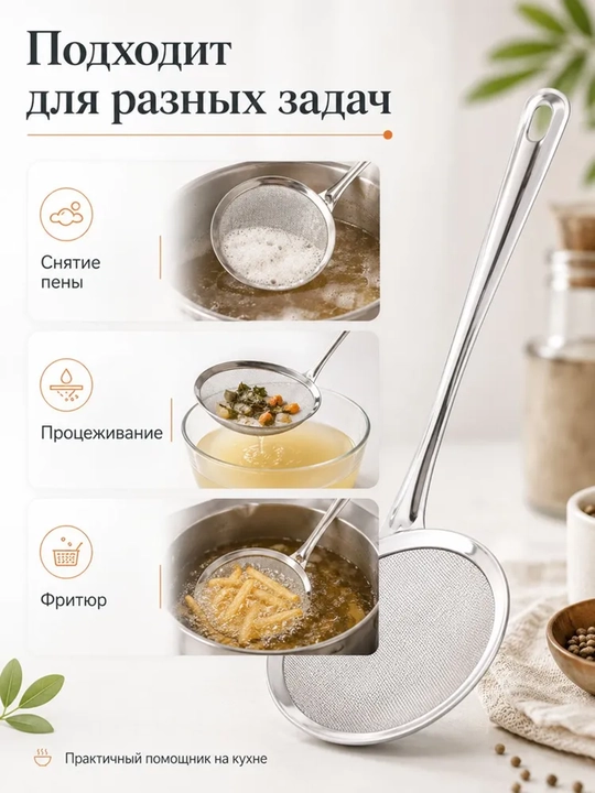 Zanglamaydigan poʻlatdan elak-shumovka toʻplami, 3 dona, oshxona elaklari elash uchun