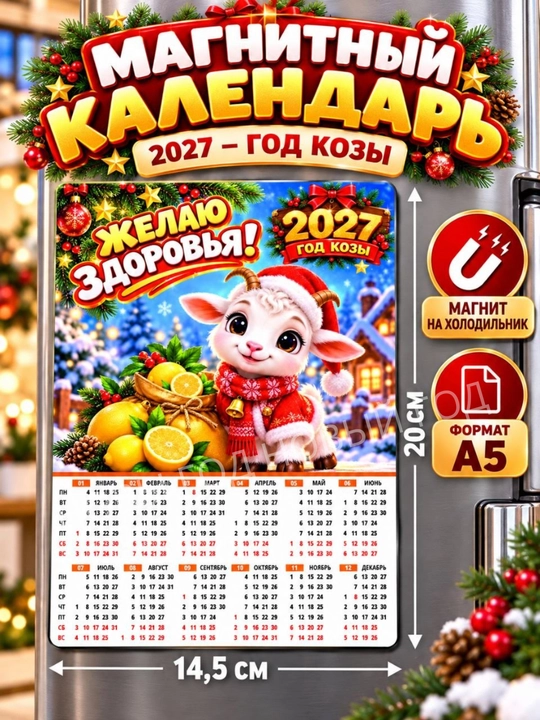 Календарь на 2027 год, магнит на холодильник коза символ года, размер А5