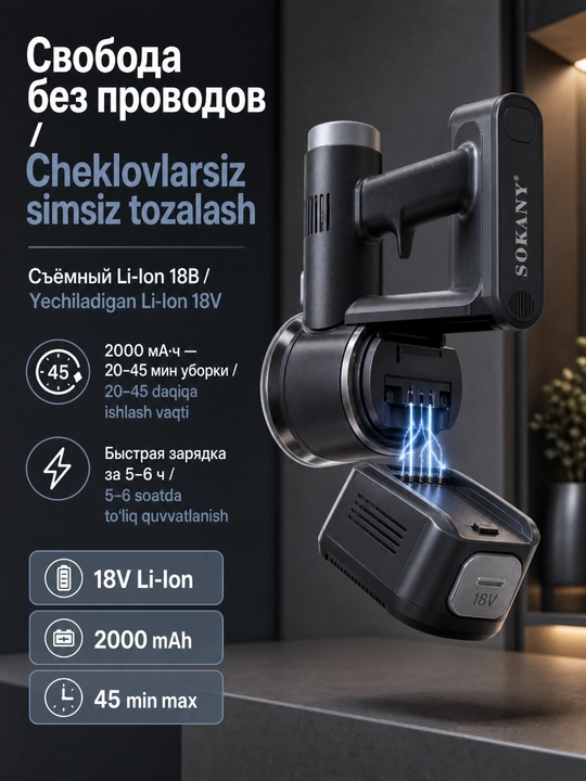 Беспроводной вертикальный пылесос SOKANY SK-13042, 2200Вт, 12кПа, съемный аккумулятор