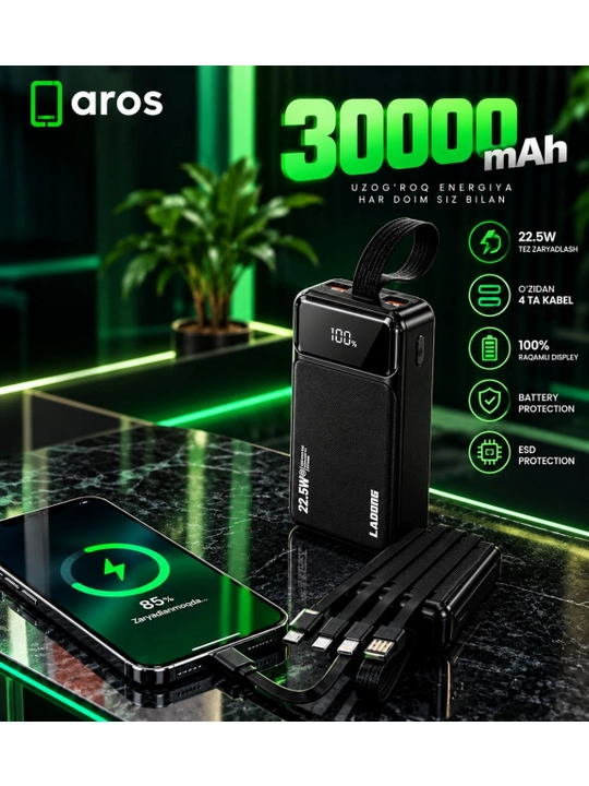 Powerbank LADONG SP-04, 30000 mAh, 22.5W tezkor quvvatlash bilan - 