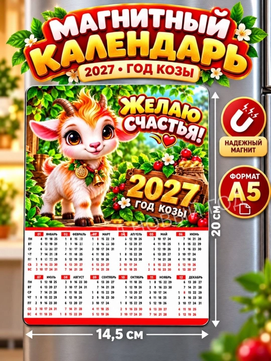 Календарь на 2027 год, магнит на холодильник коза символ года, размер А5 - 