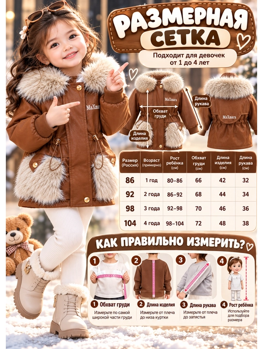 Детская зимняя куртка-парка для девочки, 1–4 лет, с пышной меховой отделкой