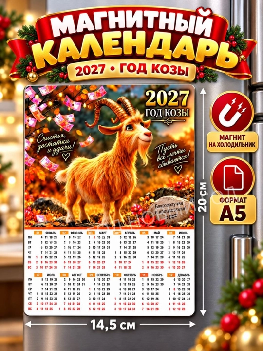 Календарь на 2027 год, магнит на холодильник коза символ года, размер А5 - 