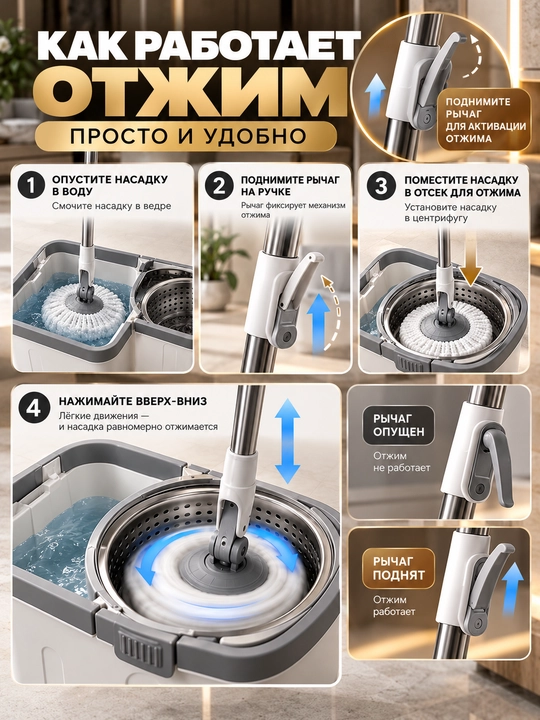 Швабра с ведром и отжимом 10 л, набор для уборки, вращение 360°, 2 насадки из микрофибры