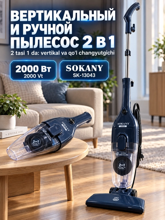 Пылесос SOKANY SK-13043 2 в 1, вертикальный и ручной, мощность 2000 Вт, кабель 5 м - 