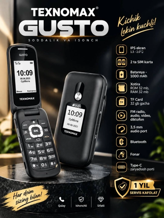 Texnomax Gusto tugmali telefoni. Kamera, 2 ta SIM, fonar - 