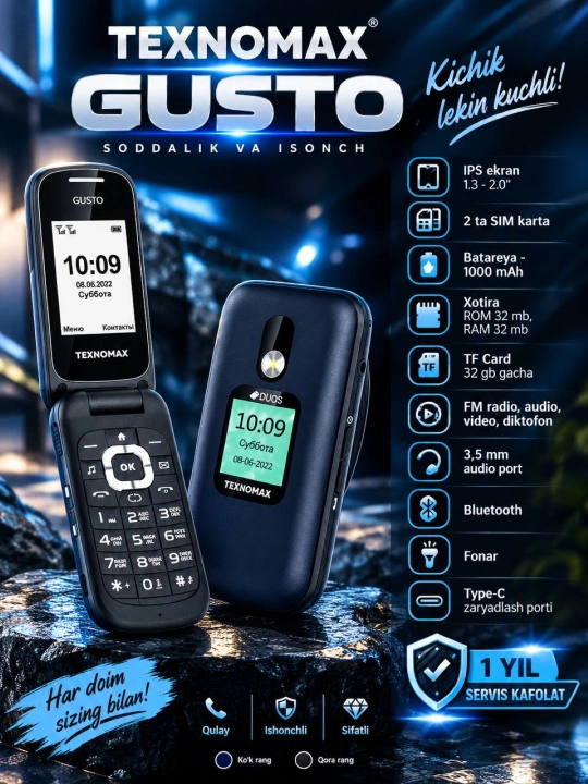 Texnomax Gusto tugmali telefoni. Kamera, 2 ta SIM, fonar - 