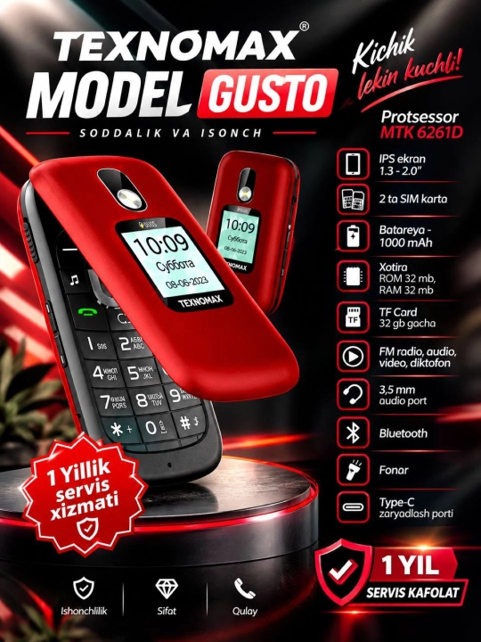 Texnomax Gusto tugmali telefoni. Kamera, 2 ta SIM, fonar - 