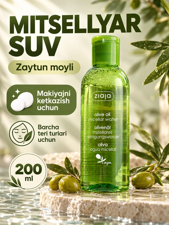 Мицеллярная вода Ziaja с оливковым маслом, для снятия макияжа, для всех типов кожи, 200 мл - 