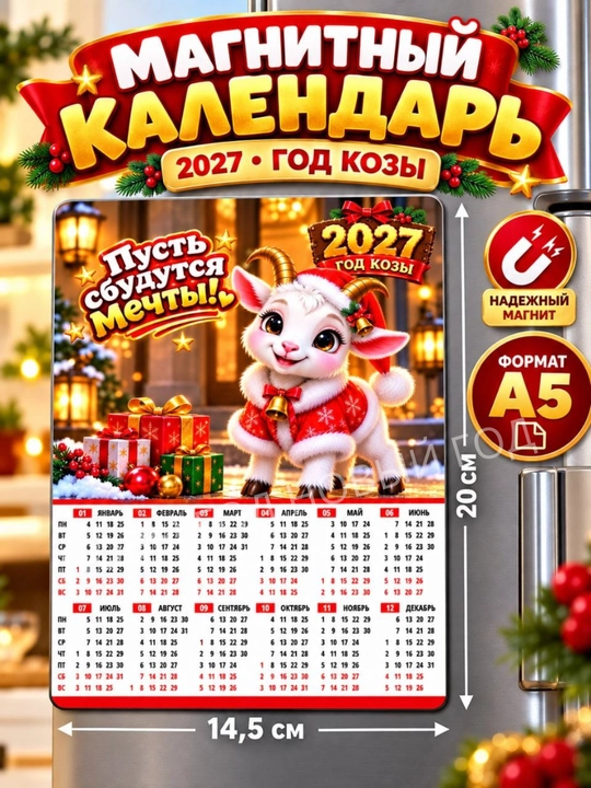 Календарь на 2027 год, магнит на холодильник коза символ года, размер А5 - 