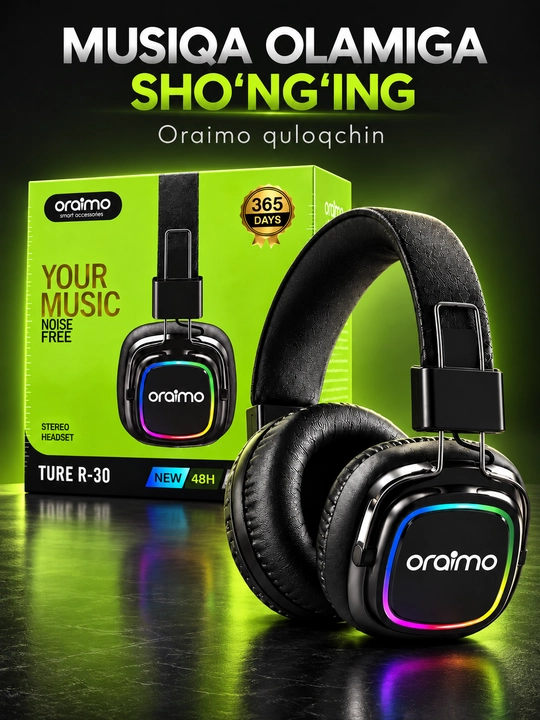 Oraimo TURE R-30 RGB yoritkichli stereo quloqchin, qora