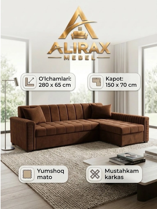 Угловой диван ALIRAX MEBEL, мягкий диван для гостиной, раскладной диван 270х150 см - 
