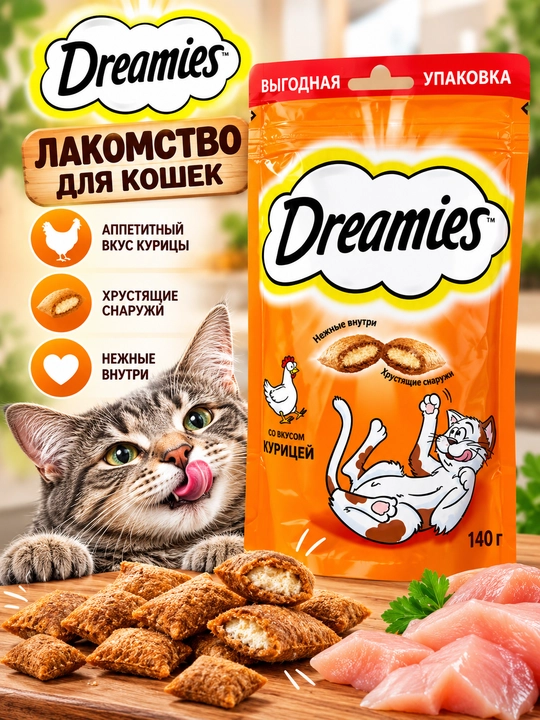 Лакомство для кошек Dreamies, хрустящие подушечки с нежной начинкой, ассорти вкусов, 140 г - 