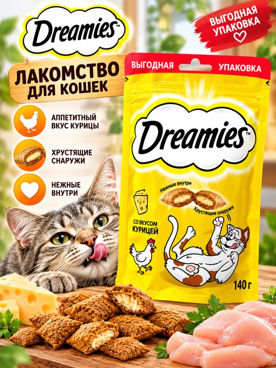 Лакомство для кошек Dreamies, хрустящие подушечки с нежной начинкой, ассорти вкусов, 140 г - 