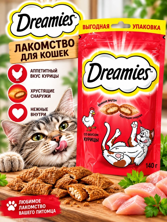 Лакомство для кошек Dreamies, хрустящие подушечки с нежной начинкой, ассорти вкусов, 140 г - 