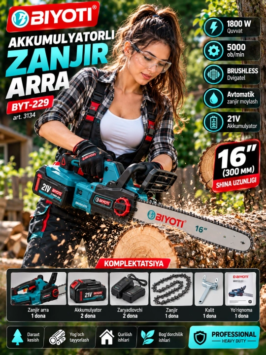 BIYOTI BYT-229 akkumulyatorli zanjirli arra, 21V, Brushless, 1800 Vt, 30 sm shina, 2ta AKB - 
