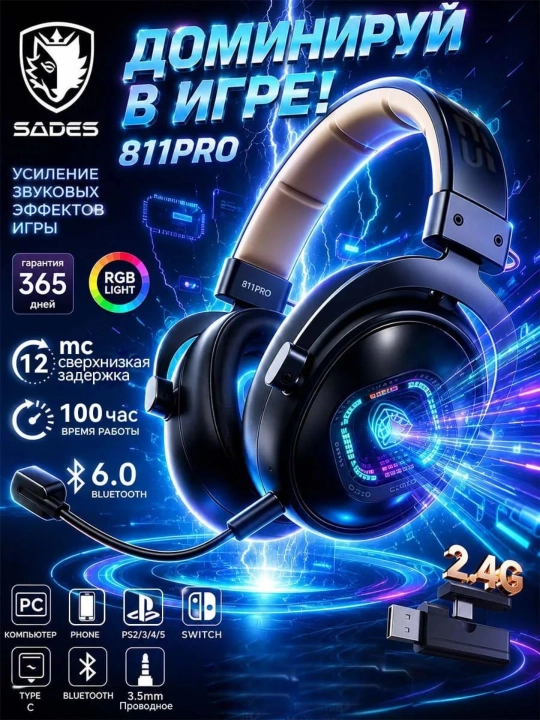 Sades 811 Pro simsiz gaming quloqchin, ENC mikrofon, Hi-Res audio va RGB yoritgichli - 