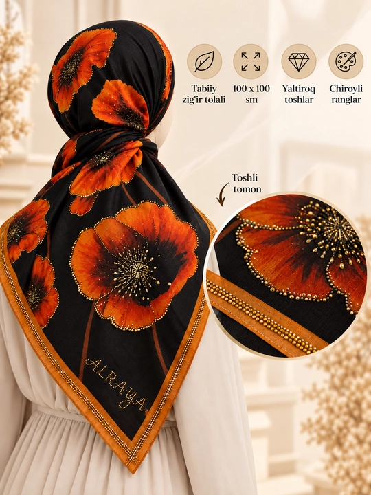 Nafis toshli ro'mol, lyon, gulli, 100x100 sm, ayollar uchun, bayram va sovg'a uchun - 