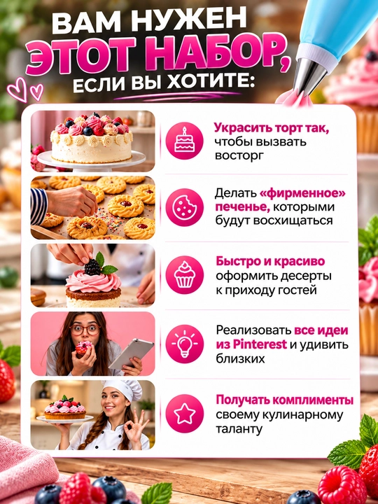 Кондитерский мешок с 6 насадками, многоразовый, для крема, тортов, силиконовый