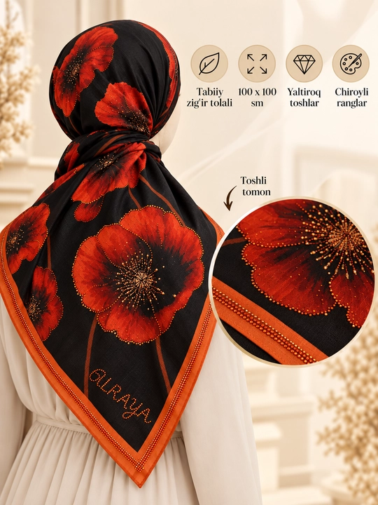 Nafis toshli ro'mol, lyon, gulli, 100x100 sm, ayollar uchun, bayram va sovg'a uchun - 