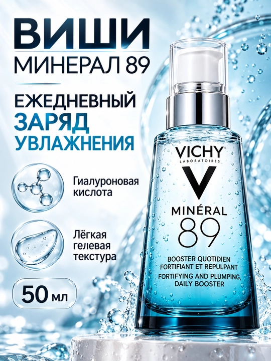 Vichy Mineral 89 увлажняющая гель-сыворотка для лица, 50 мл - 