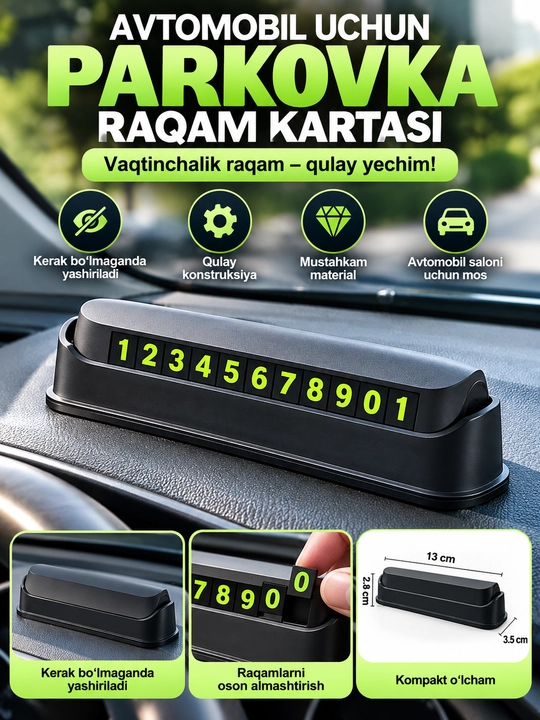 Avtomobil uchun vaqtinchalik telefon raqami kartasi, yashiriladigan, qora - 