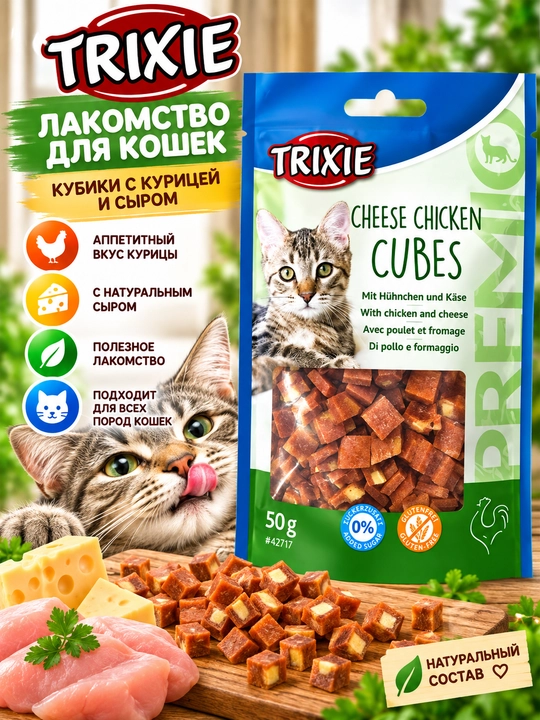 Лакомство для кошек TRIXIE Cheese Chicken Cubes с курицей и сыром, 50 г - 