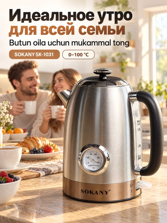 SOKANY SK-1031 elektr choynak, 1,7 l, 2200 Vt, zanglamaydigan po'lat, termometr - 