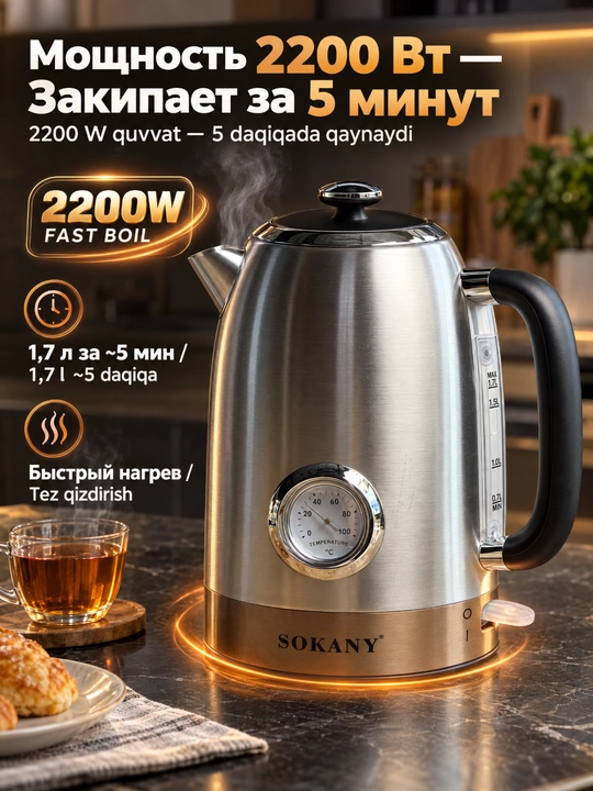 SOKANY SK-1031 elektr choynak, 1,7 l, 2200 Vt, zanglamaydigan po'lat, termometr
