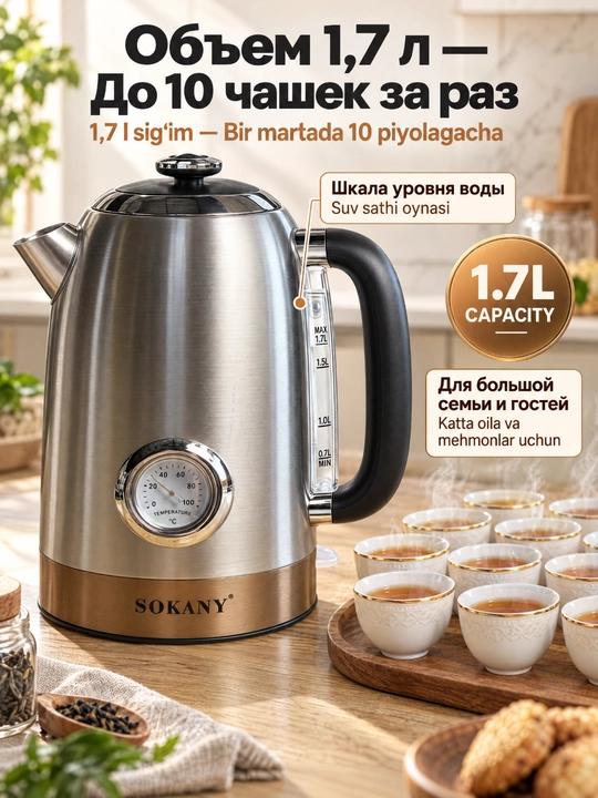 SOKANY SK-1031 elektr choynak, 1,7 l, 2200 Vt, zanglamaydigan po'lat, termometr